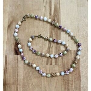 Vintage Multicolor Splatter Knotted Glass Bead Necklace Bracelet Set Art Deco